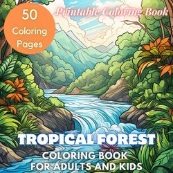 Tropical Forest Coloring Book, Digital Printable Coloring Book Pages, Forest Coloring Book, PDF Files