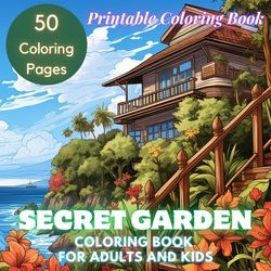 Secret Garden Coloring Book, Adults kids Instant Download, 50 Grayscale Coloring Book, Printable PDF