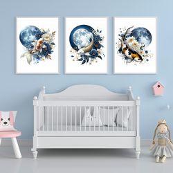 Golden Koi Fish and Moon Art, Printable Watercolor 3 Set of Koi Fish Art, Blue Moon Print, Instant Download, Wall Art