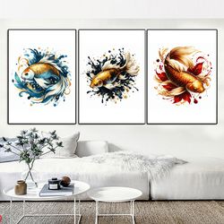 Koi Fish Abstract Art, Printable Watercolor 3 Set of Koi Fish Art, Koi Fish Print, Instant Download, Wall Art