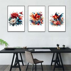 Goldfish Abstract Art, Printable Watercolor 3 Set of Goldfish Art, Fishes and Flowers Print, Instant Download