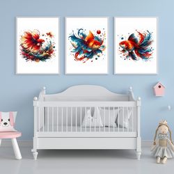 Goldfish Abstract Art, Printable Watercolor 3 Set of Goldfish Art, Fishes and Water Print, Instant Download, Wall Art