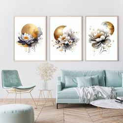Flowers and Moon Abstract Art, Printable Watercolor 3 Set of Flowers Art, Golden Moon and Flowers Print, Gold Moon