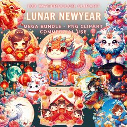 Chinese New Year Watercolor Clipart Bundle, Lunar New year Clipart, Holiday Graphics, Instant Digital Download
