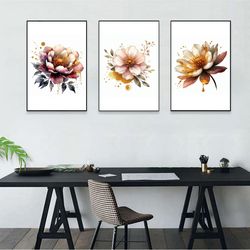 Flowers Abstract Art, Printable Watercolor 3 Set of Flowers Art, Flowers and Leaves Print, Colorful, Abstract Art