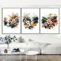 Flowers Abstract Art, Printable Watercolor 3 Set of Flowers Art, Colourful Abstract Print, Colourful, Abstract Art