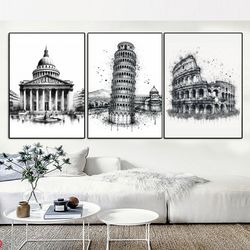 Achitecture Art, Printable Watercolor 3 Set of Building Art, Black & White Abstract Print, Digital, Abstract Art