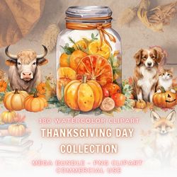 Thanksgiving Bundle, 180 Watercolor Clipart, Fall Clipart, Thanksgiving Feast Clipart, Fall Clipart, Autumn Png