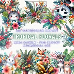 180 Tropical Summer Watercolor Clipart Bundle, Tropical Flowers Clipart, 180 Tropical Plants, PNG