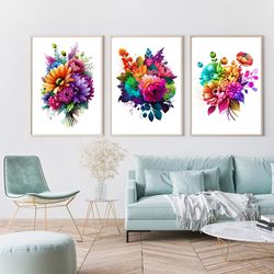 Abstract Flowers, Printable Watercolor 3 Set of Flowers Art, Abstract Print, Digital, Wall Art, Flowers Artwork