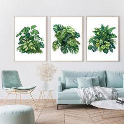 Abstract Print, Tropical Wall Art, Plants Artwork, Plants, Flowers, Printable Watercolor 3 Set of Tropical Art