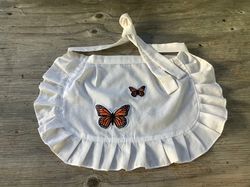 small white apron with ruffles and 2 butterfly applique cottage core apron