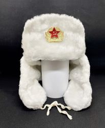 White Ushanka Winter Fur Hat Made in Russia USSR Military Soviet Army Soldier