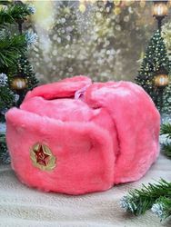 Pink Ushanka Winter Fur Hat Made in Russia USSR Military Soviet Army Soldier