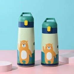 Kids Stainless Steel Straw Thermos Mug with Case - Cartoon Leak-Proof Vacuum Flask - Children's Thermal Water Bottle The
