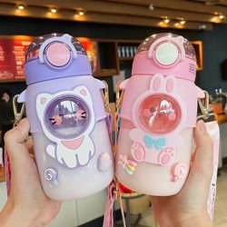 700ml Kids Water Bottle with Straw - Cute Cartoon Design - Leakproof Mug for School - Portable Cup for Outdoor Travel