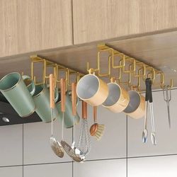 Punch-Free Double-Row Hooks - Kitchen Cupboard Under Shelf Mug Cup Hanger Hook - Iron Hanging Rack Holder - Kitchen Cabi