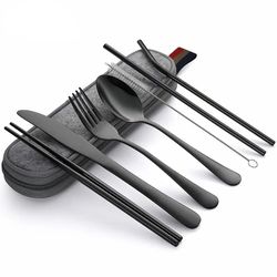 8Pcs/set Tableware Reusable Travel Cutlery Set - Camp Utensils Set with Stainless Steel Spoon Fork Chopsticks Straw - P