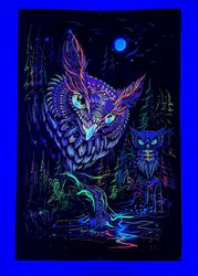 Mystic Owls Psychedelic Tapestry Trippy Background UV Fluorescent Psytrip Psyart Poster Banner Visionary Wall