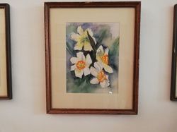 Hand-signed watercolor picture with flowers in a wooden frame.