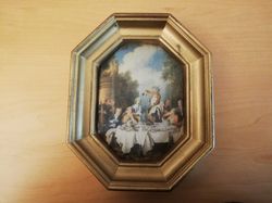 Miniature picture with wooden frame, miniature with baroque drinking scene,printed on silk