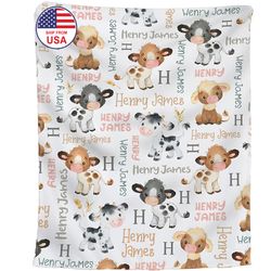 personalized cow baby blanket, baby farm blanket, farm animal baby shower gift, toddler birthday gift, cow baby shower,