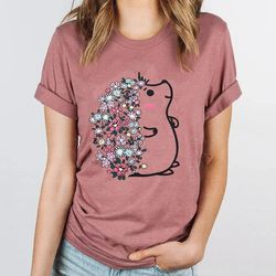 The Hedgehog In Flowers Cartoon Funny T-Shirts For Women