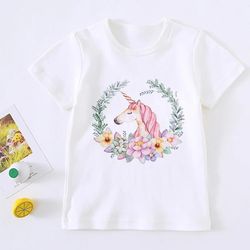 Fashion Cute Unicorn Girl T Shirt Children Rainbow 2k24