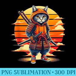 japanese samurai ninja cat kawaii tattoo graphic - shirt printing template png