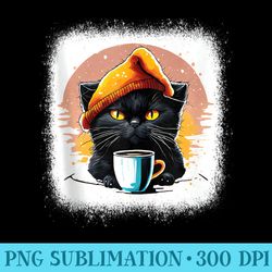 funny kawaii black cat with black coffee and hat watercolor - png download icon