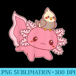 funny pink axolotl with cockatiel cute kawaii - png download resource
