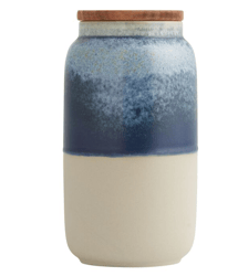 Tall Reactive Glaze Ceramic and Wood Storage Canister , color: Blue