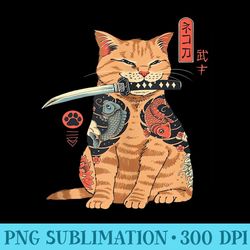 japanese samurai ninja cat kawaii tattoo graphic - png download high quality