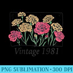 Vintage 1981 Carnation Flower Floral Women 42nd Birthday Raglan Baseball - Sublimation PNG Designs
