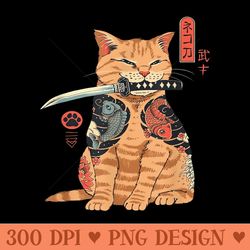 japanese samurai ninja cat kawaii tattoo graphic - png prints
