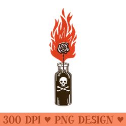 mens fire rose in poison bottle - unique png artwork