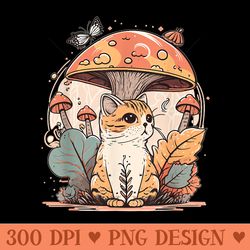 cottagecore aesthetic cat with mushroom hat morels kawaii - high quality png files