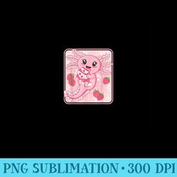 kawaii axolotl strawberry milk japanese anime pink axolotl - ready to print png designs