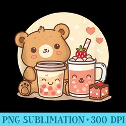 cute kawaii anime bear drinking boba tea and strawberry cake - png image download