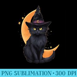 black cat wearing halloween witch hat cat and crescent moon - png templates