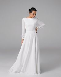 Modern wedding dress, Minimalist long sleeve bridal dress made of chiffon, Open back wedding dress | Natalia