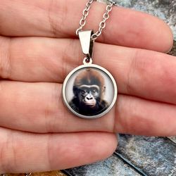 gorilla necklace, pendant made of steel and glass, stainless steel jewelry, monkey lover gift