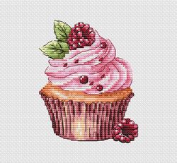 Raspberry Cupcake Cross Stitch Pattern - Summer Berries Counted Cross Stitch Tutorial - Sweets Embroidery Design