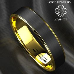 6mm Tungsten Ring Black Brushed Gold Stripe Wedding Band ATOP Men's Jewelry