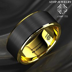 8mm Tungsten Ring Black Brushed Gold Stripe Wedding Band ATOP Men's Jewelry