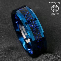 8 mm Blue Tungsten Carbide Ring Carbon Fibre Black Celtic Dragon Men's Jewelry