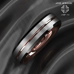 ATOP 6 mm Silver Brushed Black with Rose Gold Men Tungsten Wedding Band Ring