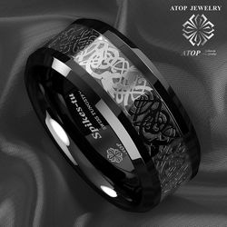 8 mm Blue Black Silvering Celtic Dragon Tungsten Carbide Ring Men's Jewelry