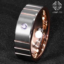 8 mm Brushed Silver Rose Gold Tungsten Ring Diamond ATOP Men Wedding ring