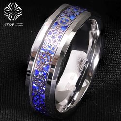 8 mm Tungsten Ring ATOP Wedding Band Steampunk Clockwork Gears Blue Carbon Fiber